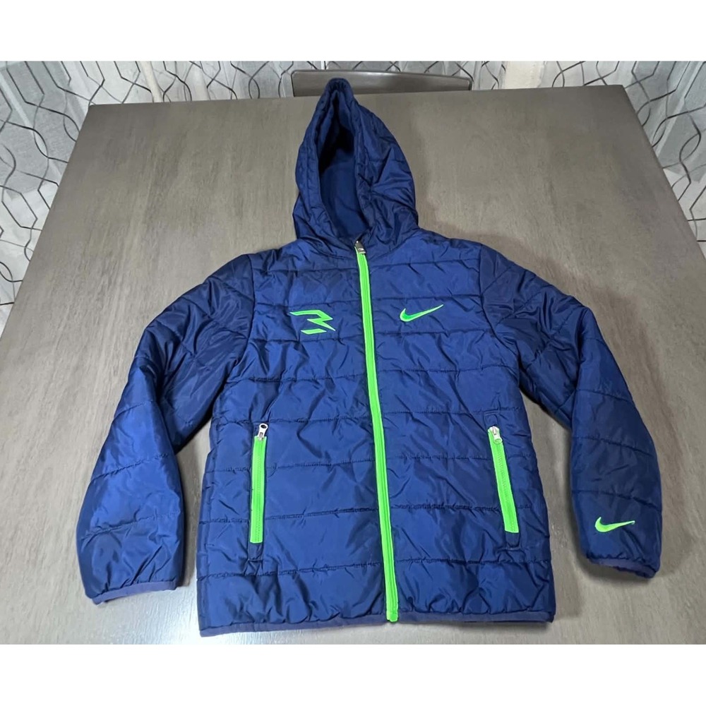 Nike Russell Wilson Dangeruss Puffer Jacket Navy Blue Neon Green Boys Medium